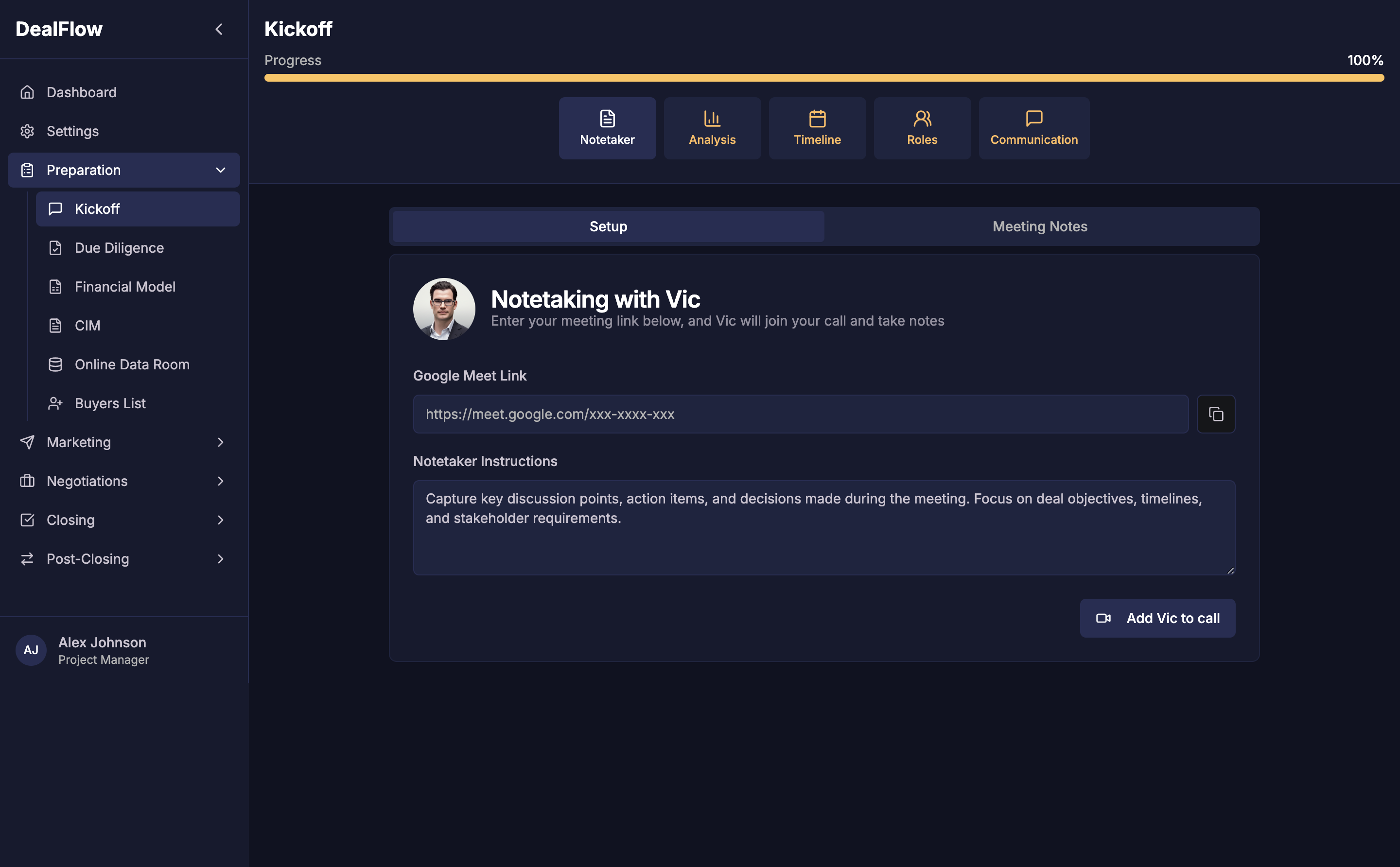 Deal Preparation - Kickoff Meeting Interface