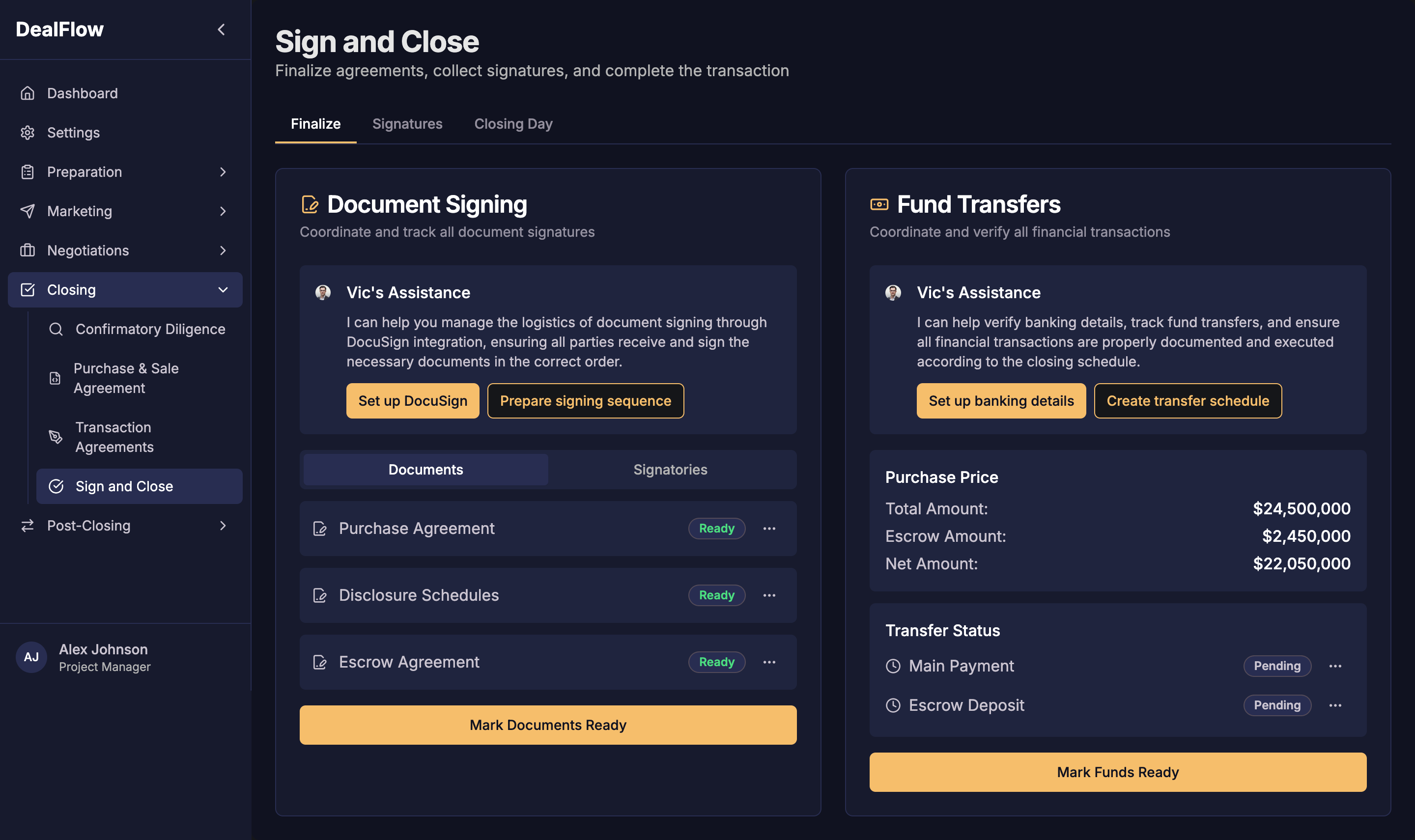 Sign and Close Document and Fund Transfer Interface